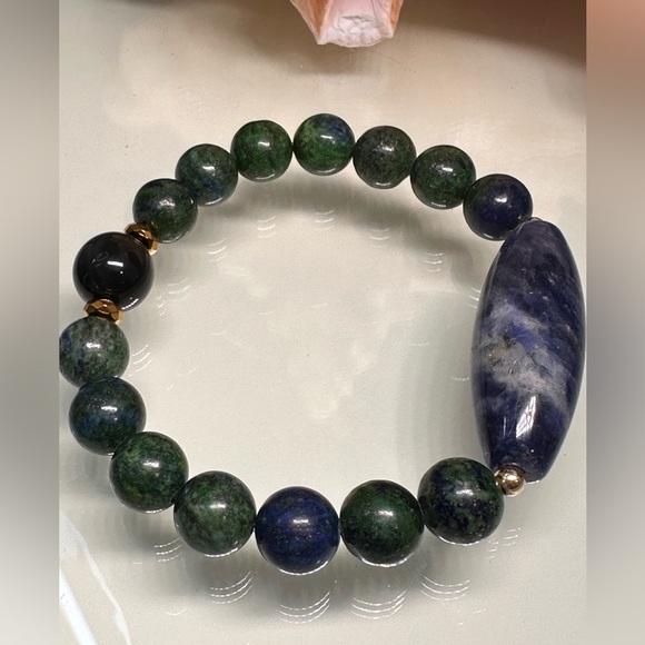LAPIS LAZULI CHRYSOCOLLA + SODALITE + OBSIDIAN NATURAL BRACELET size 7” - Picture 6 of 13